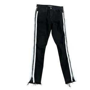 Women Jeans Skinny Etienne Marcel Blk Tuxedo Stripe Side Zip Raw Hem Sz 26